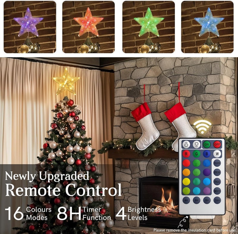 WVSAFV Christmas Tree Topper Star Gold, Christmas Tree Toppers with 40 Coloured & Warm LED Lights, Tradition Tree Topper Star for Home Holiday Xmas Tree Christmas Decor, Glitter Gold - Image 2